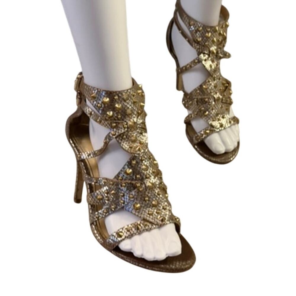 GUESS Gold Studded Strappy Heels Snake Embossed Leather Size 7.5 - Picture 10 of 10